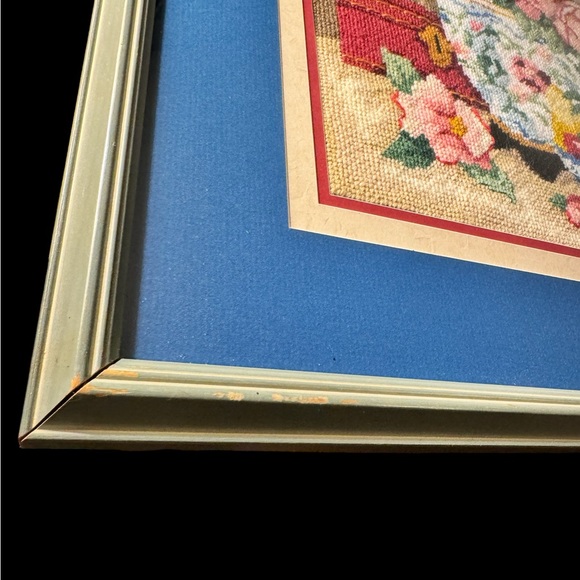 Vintage Needlepoint  Cherry Blossom Framed Picture 19”x21” Fruits Flowers 60s - Picture 8 of 14